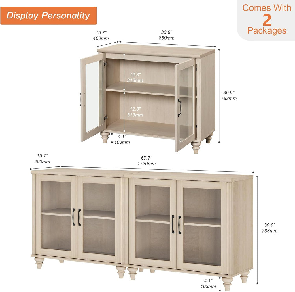 WAMPAT Farmhouse TV Stand for 75 inch TV with 4 Glass Doors, Wood Universal TV Stand with 4 Storage Cabinets, Beige Entertainment Center TV Console Table for Living Room, Bedroom