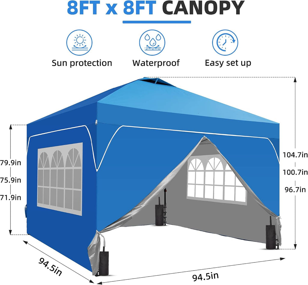 8x8 Pop Up Canopy Tent with One Push Setup, Portable Sun Shade Tent, Instant Easy Up Canopy with 4-Sidewalls & Hand Bag, Outdoor Fldable Gazebo with Vent Top, Blue.