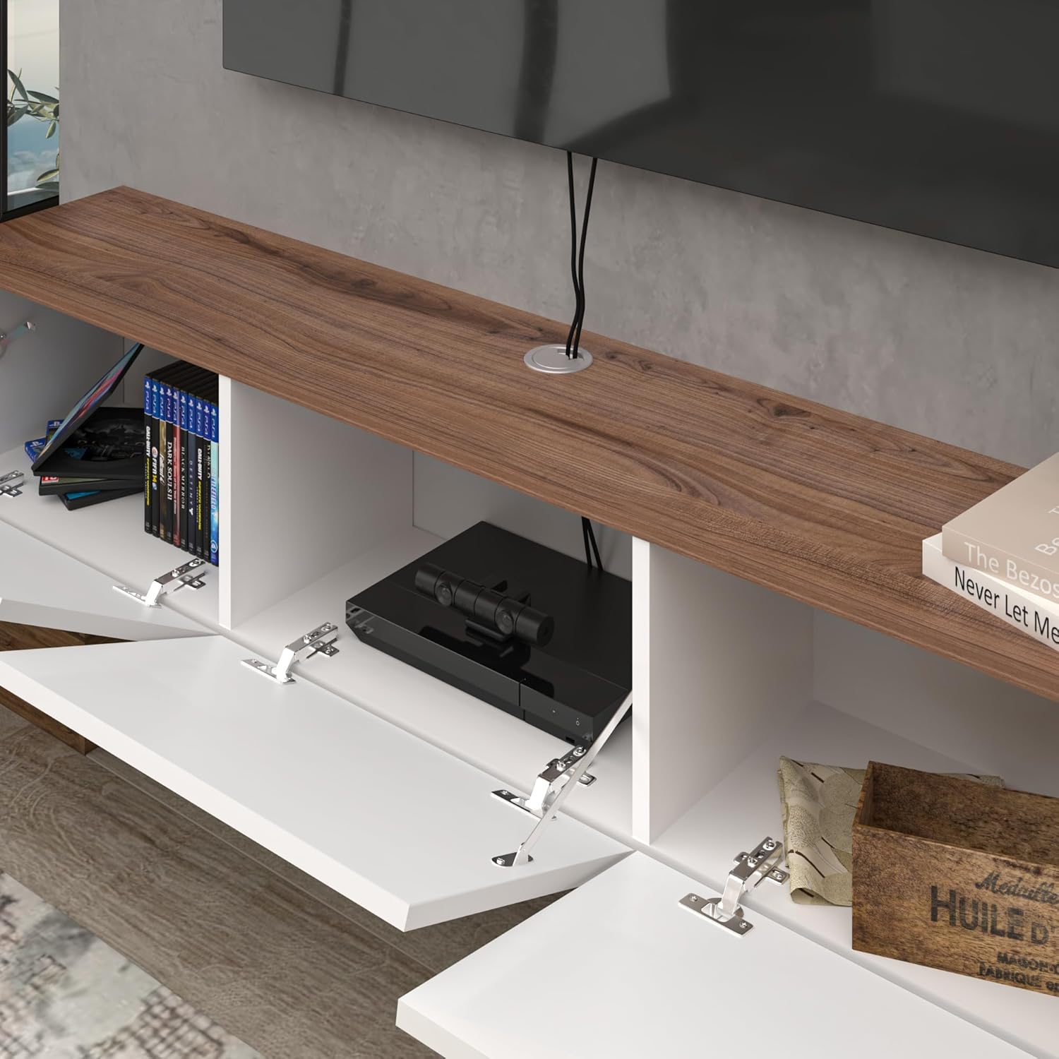 Floating TV Stand Glossy White for 65-80 Inch TV, 63' Wall Mounted TV Stand with Storage, White and Wood Floating Entertainment Center with Cable Management, Floating Media Console for Living Room
