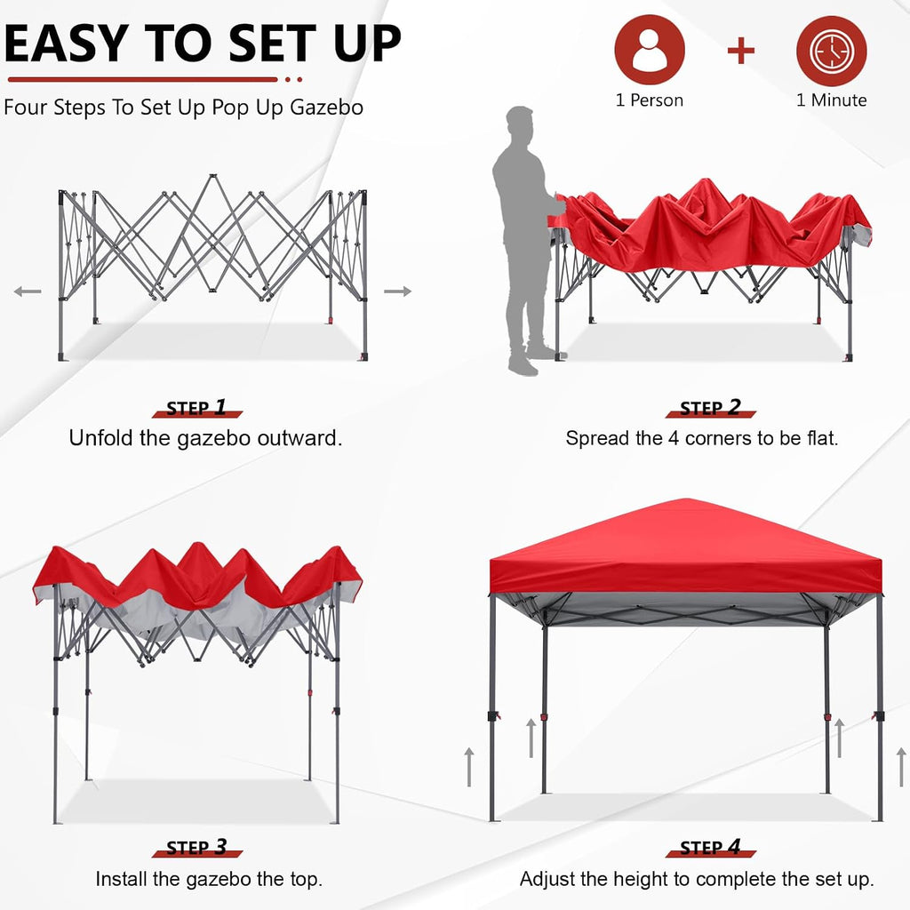 ABCCANOPY Outdoor Easy Pop up Canopy Tent 10x10 with 4 Sandbags, Red