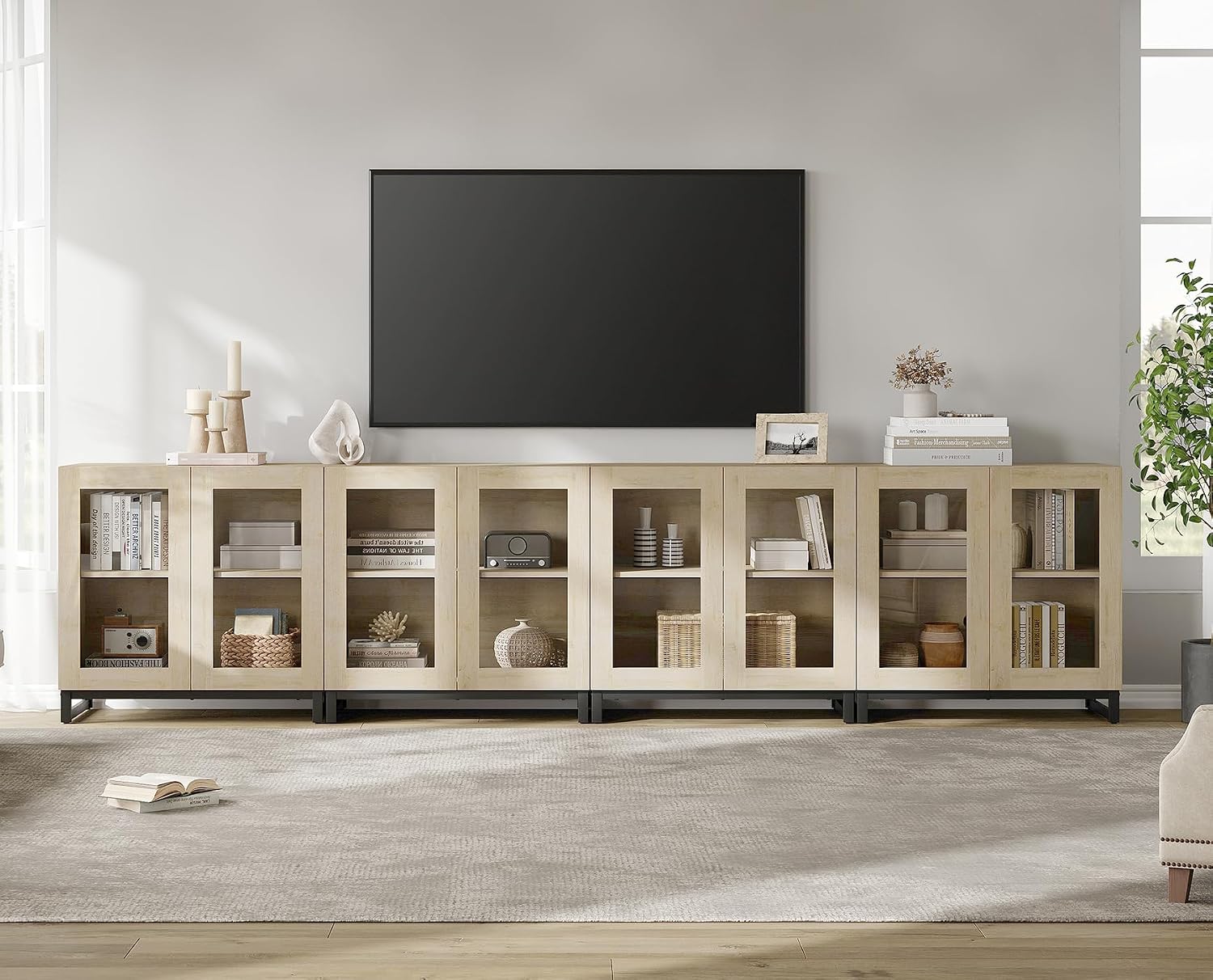 WAMPAT Modern TV Stand with Glass Doors for 80-120 inch TVs, 4 in 1 Entertainment Center Console with Adjustable Shelves and Metal Base for Living Room, Bedroom, Beige