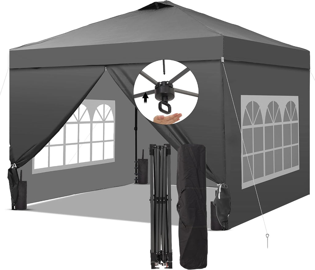 10x10 Pop Up Canopy Tent with One Push Setup, Portable Sun Shade Tent, Instant Easy Up Canopy with 4-Sidewalls & Wheeled Bag, Outdoor Fldable Gazebo with Vent Top, Grey.