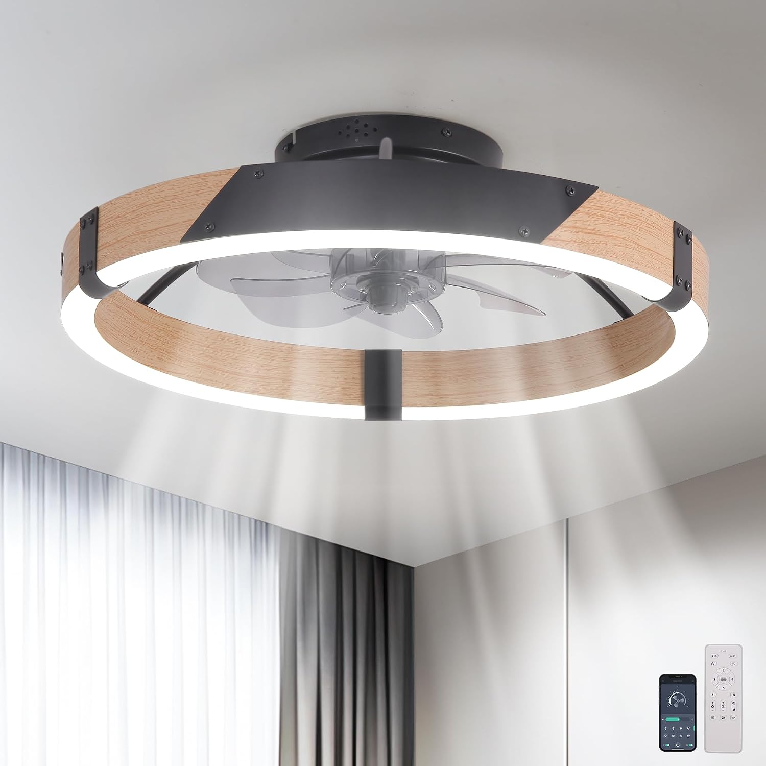 Garwarm 20IN Low Profile Ceiling Fans with Lights and Remote, 30W Fandelier Ceiling Fan Flush Mount,3000K-6500K Dimmable Bladeless LED Fan Light for Bedroom Kitchen Living Room Dining Room