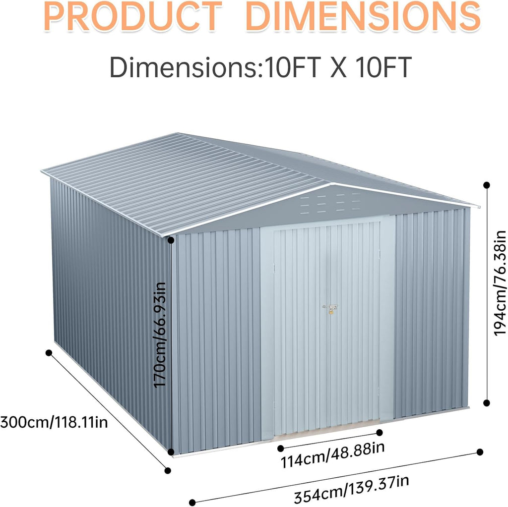 Large Metal Storage Shed, 10x10 FT Outside Storage Shed, Outdoor Storage Tool Shed with Lockable Doors and Air Vents, Garden Sheds for Backyard