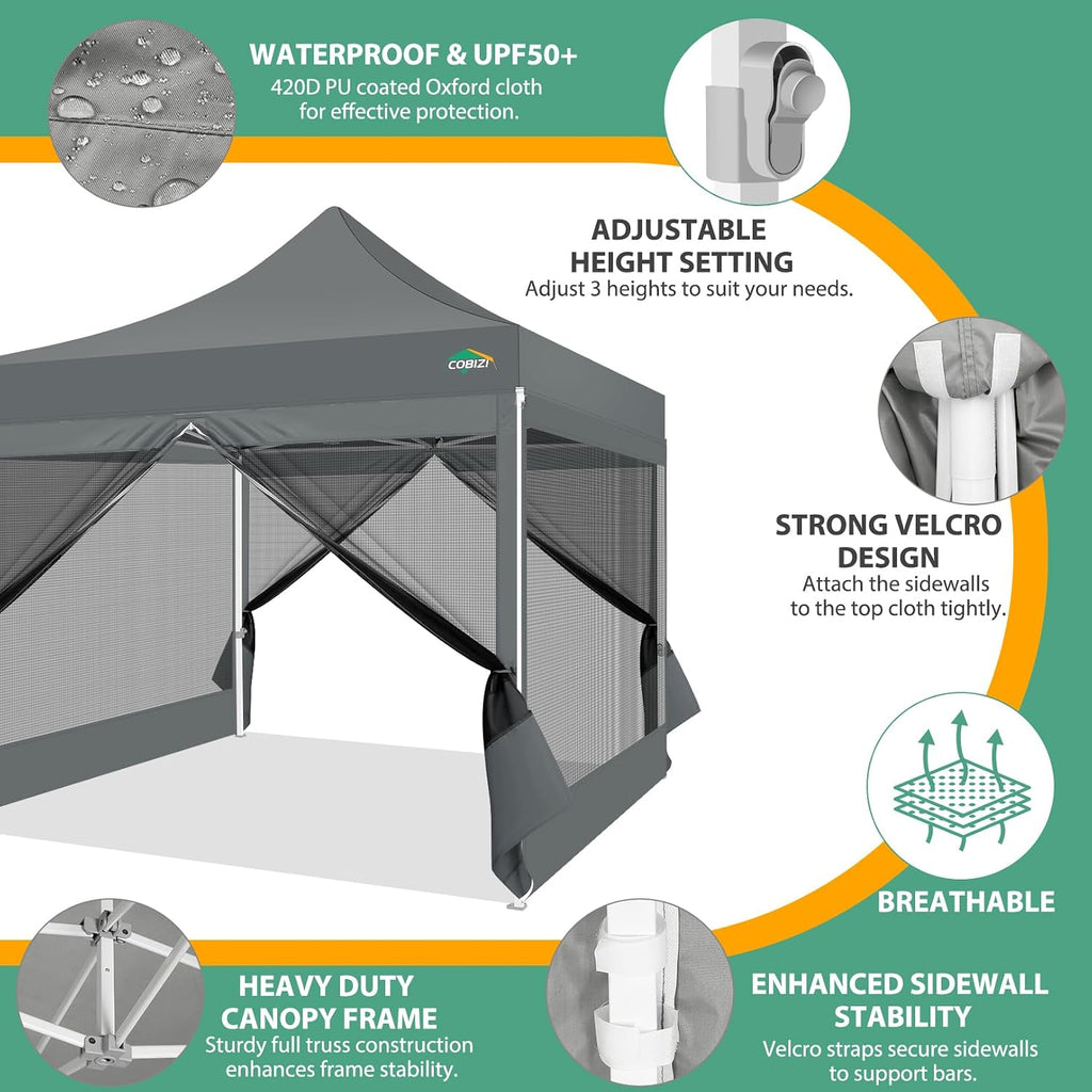 COBIZI 10x10 Canopy Tent with 4 Sidewalls,Heavy Duty Pop up Canopy with Mosquito Netting,Easy up Screen Tent for Parties Wedding Outdoor Camping with Handbag,Gray