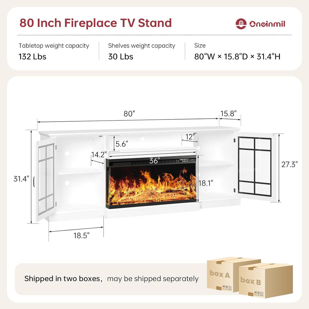 oneinmil 80'' Fireplace TV Stand with 3-Sided Glass, TV Cabinet for TVs up to 85', 80'' Modern Media Entertainment Center with Farmhouse Glass Door Storage Cabinets