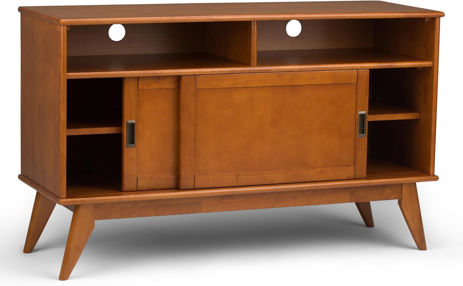 SIMPLIHOME Draper TV Stand - 54 inch Wide Solid Wood Tall Media Console in Teak Brown, Mid Century Modern Entertainment Center for Living Room for TVs up to 60 Inches with Shelves and Cable Management