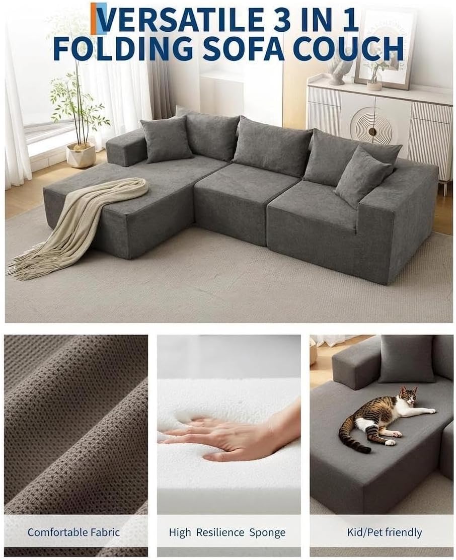 Garvee 108' Modular Sectional Sofa,Cloud Couch Sectional with Left Chaise | Compressed l Shaped Sofa for Living Room | Boneless Couch & Sofa Bed Design,No Assembly Required, Gray