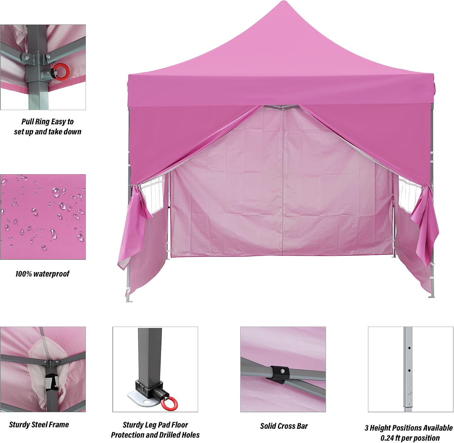 GDY 10x10 Easy Set Up Camping Canopy, Pop Up Tent with 4 Piece Sidewalls, Easy Up Canopy for Events, Parties, Gatherings, Camping, Pink.