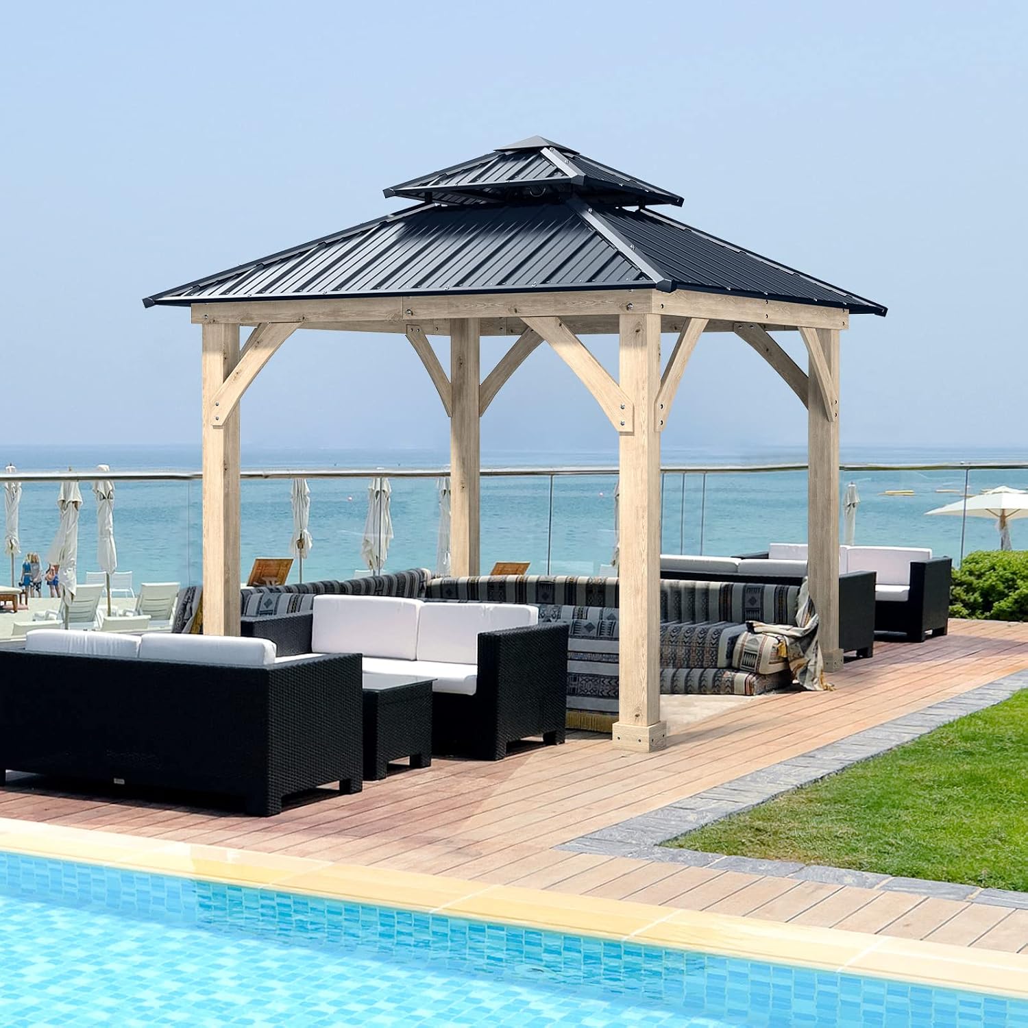 Tangkula 10 x 10 Ft Outdoor Hardtop Gazebo, Heavy-Duty Wood Permanent Patio Pavilion Shelter with 2-Tier Galvanized Steel Top, All-Weather Resistant Gazebo for Garden, Backyard, Lawns