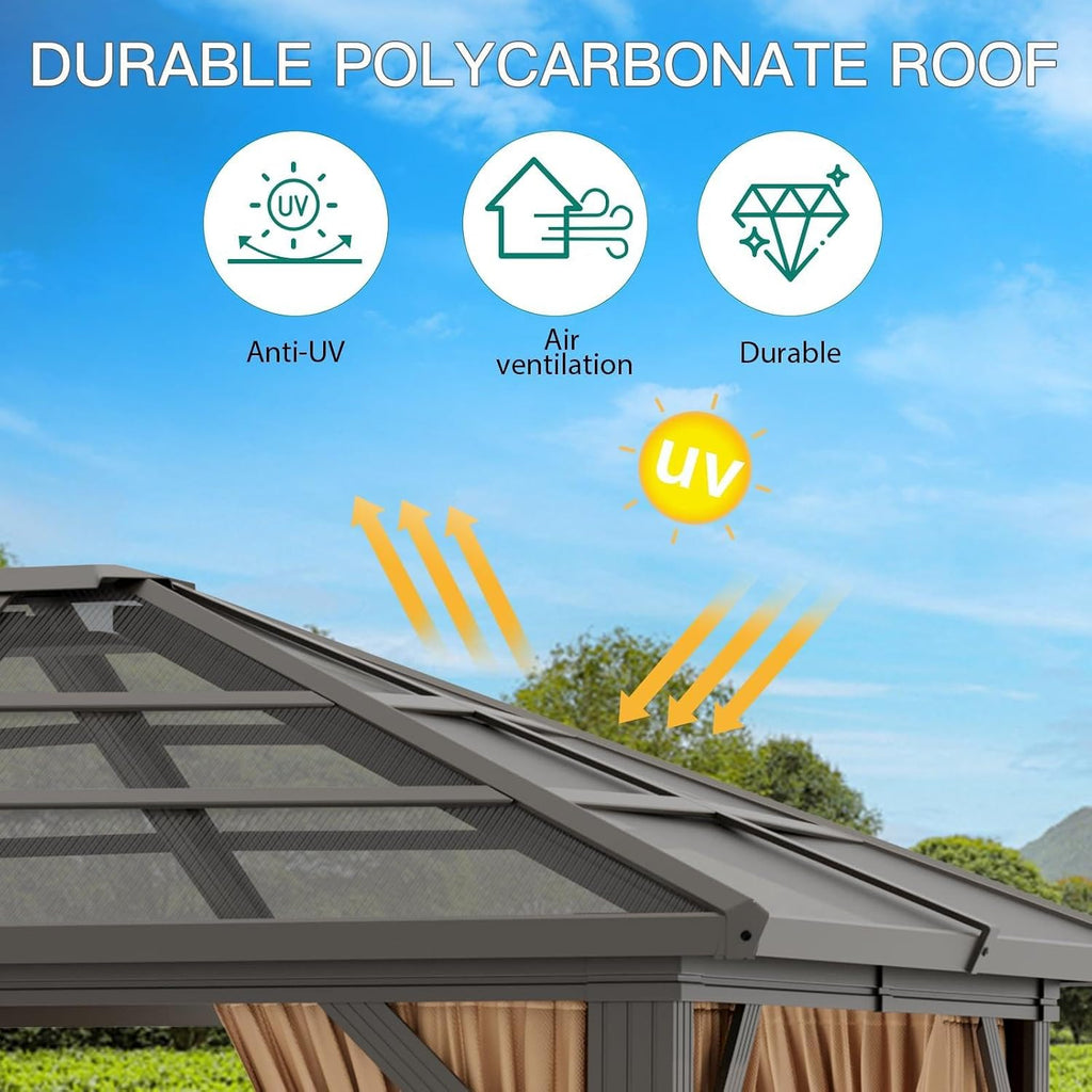 IDEALHOUSE 10' x 12' Hardtop Gazebo,Outdoor Canopy with Aluminum Frame,Polycarbonate Garden Tent with Mosquito Netting and Privacy Screen,Permanent Pavilion for Patio,Backyard,Lawn,Deck