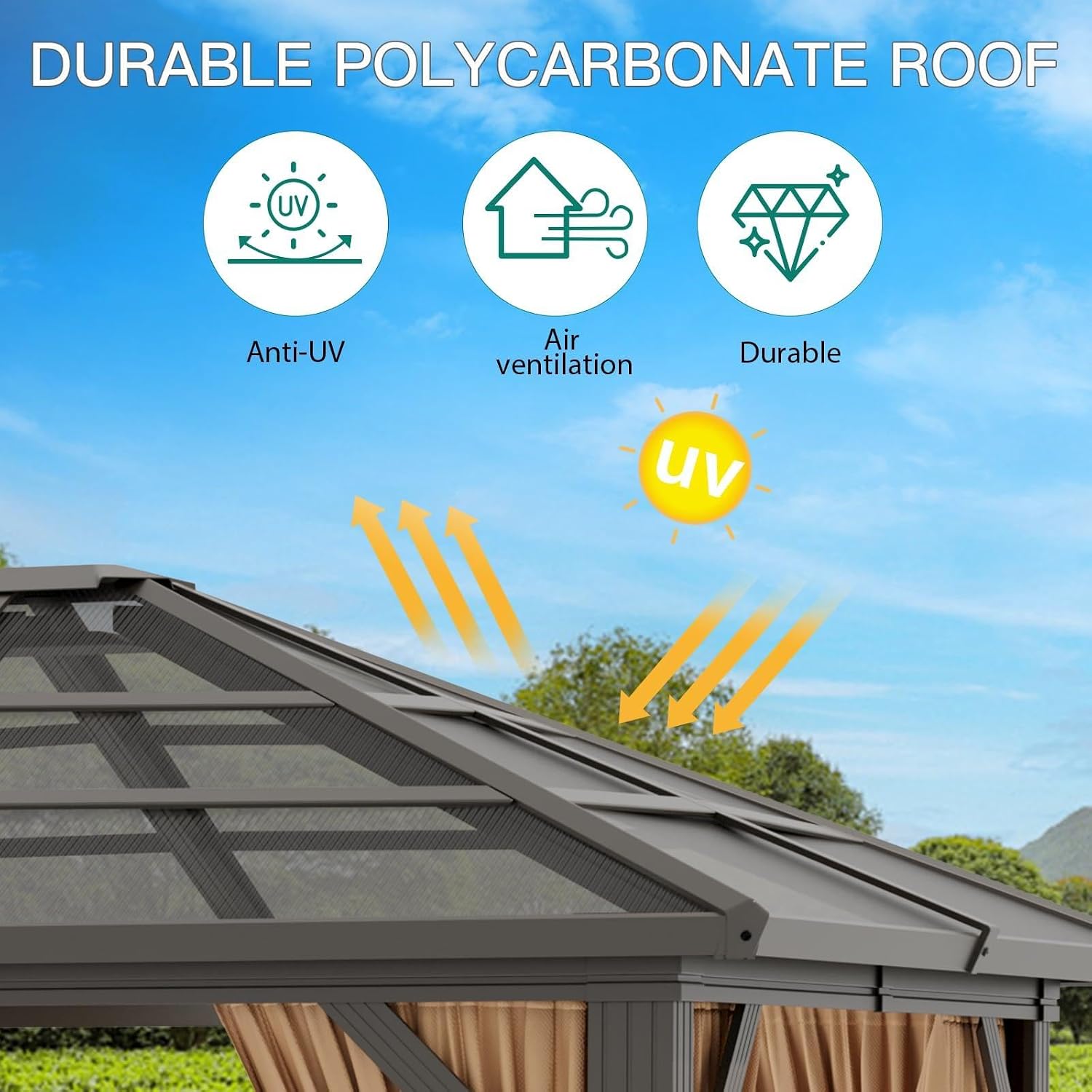 IDEALHOUSE 10' x 12' Hardtop Gazebo,Outdoor Canopy with Aluminum Frame,Polycarbonate Garden Tent with Mosquito Netting and Privacy Screen,Permanent Pavilion for Patio,Backyard,Lawn,Deck