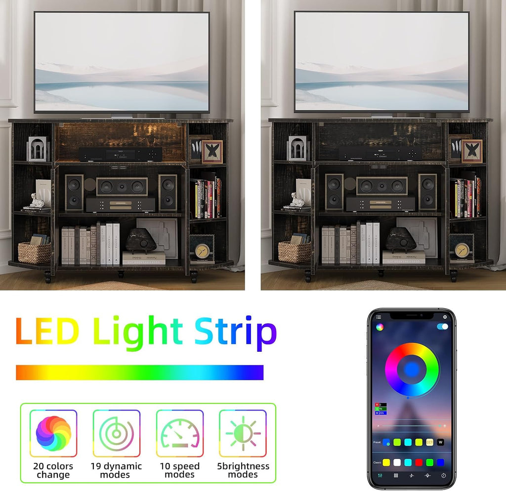 4 EVER WINNER Corner TV Stand with Led Light for 50 Inch TV, Corner Entertainment Center with Open Storage, Adjustable Shelves, TV Stands for Living Room, Bedroom, Rustic Oak