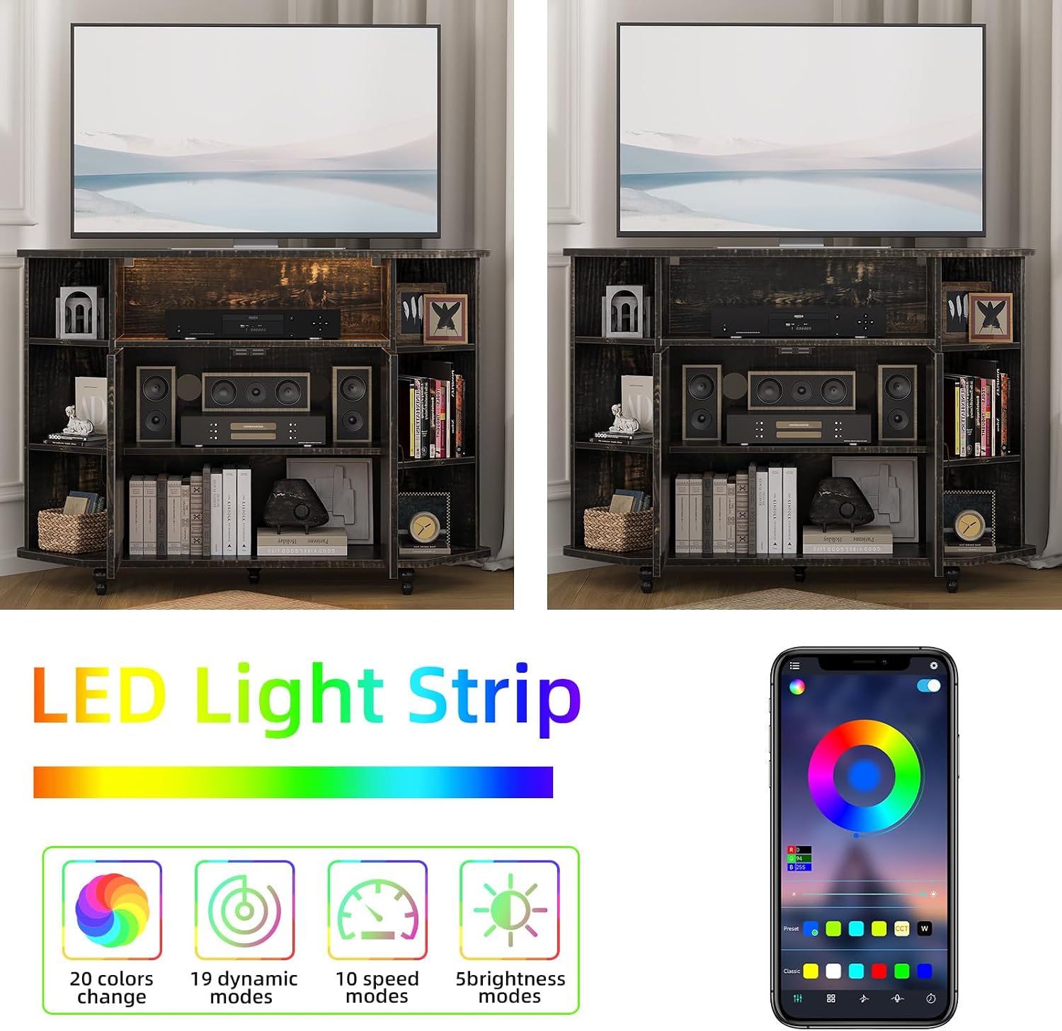 4 EVER WINNER Corner TV Stand with Led Light for 50 Inch TV, Corner Entertainment Center with Open Storage, Adjustable Shelves, TV Stands for Living Room, Bedroom, Rustic Oak