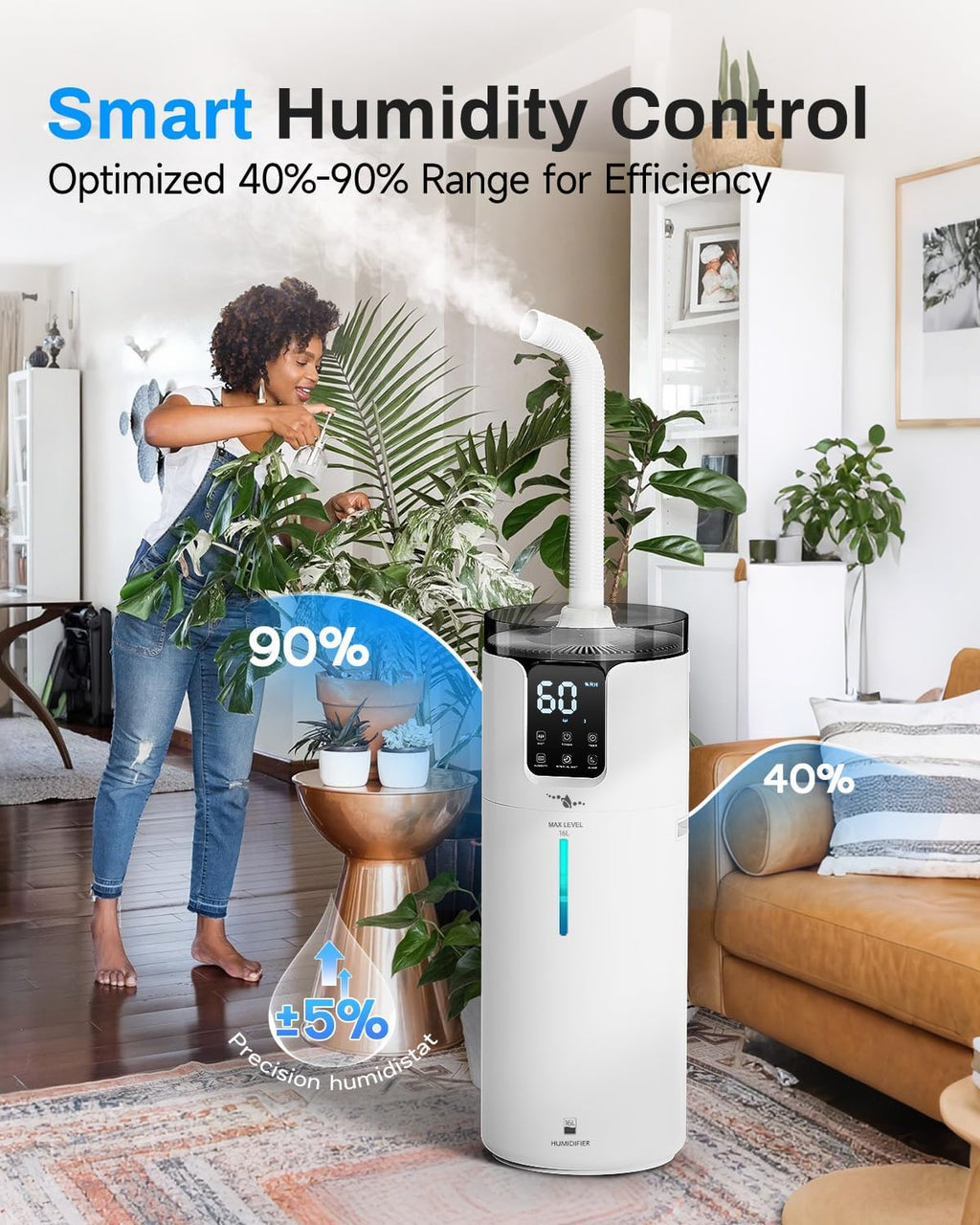Lacidoll 16L Smart Humidifier large room, Whole house Humidifier for Home 1500 sq.ft with APP/Voice/Remote Control, Ultrasonic Cool Mist Humidifiers for Bedroom, Plants, office with Tube, White