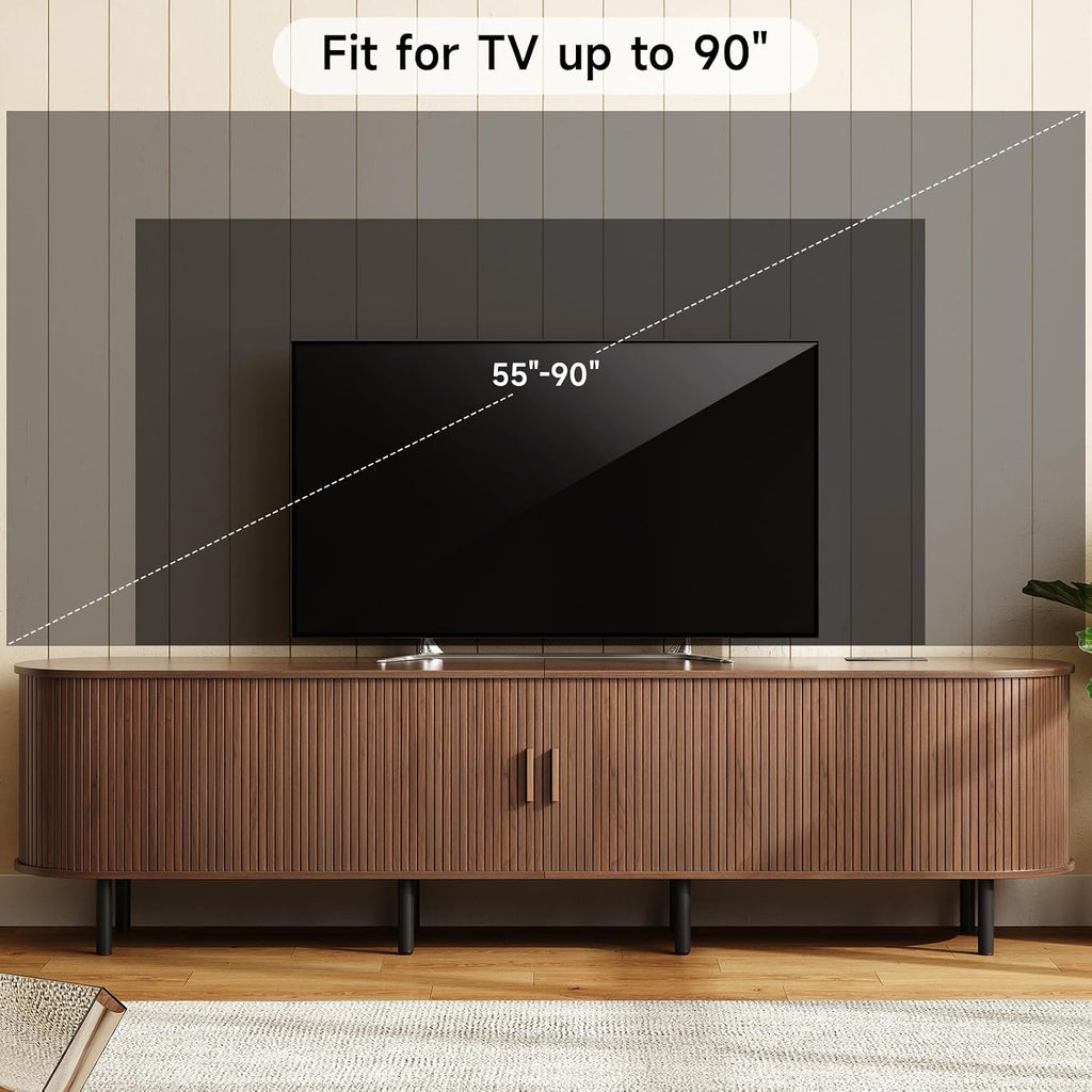 ONBRILL 86.6' TV Stand with Power Outlet for TVs up to 90 Inch, Entertainment Center with Storage and Adjustable Shelves, Modern Media Console with Sliding Doors for Living Room, Walnut
