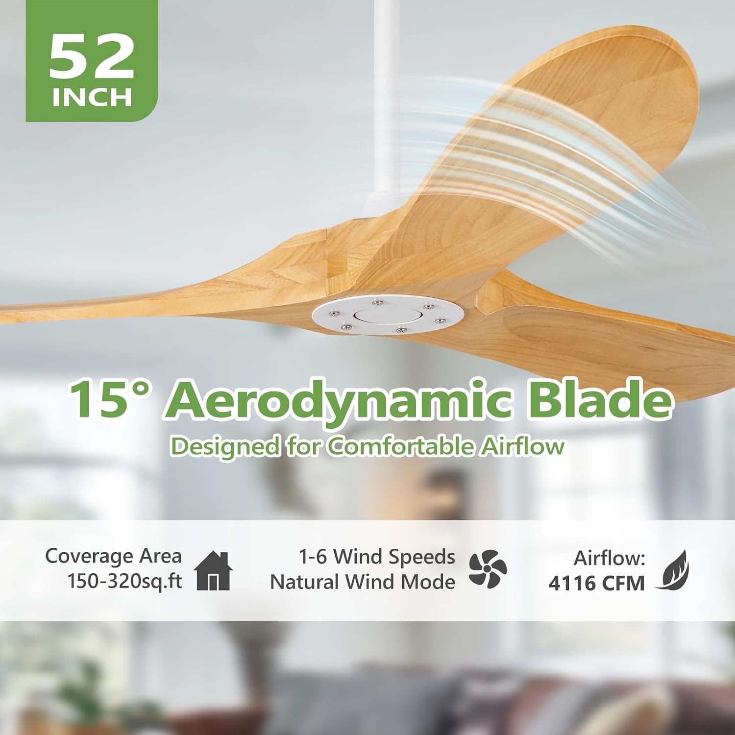 52 Inch Natural Wood Ceiling Fan No Light,Propeller Outdoor Ceiling Fans Without Lights with Wall Switch and Remote Control,Quiet DC Motor,3 Blades Ceiling Fan for Patios,Pavilion,Solid Wood