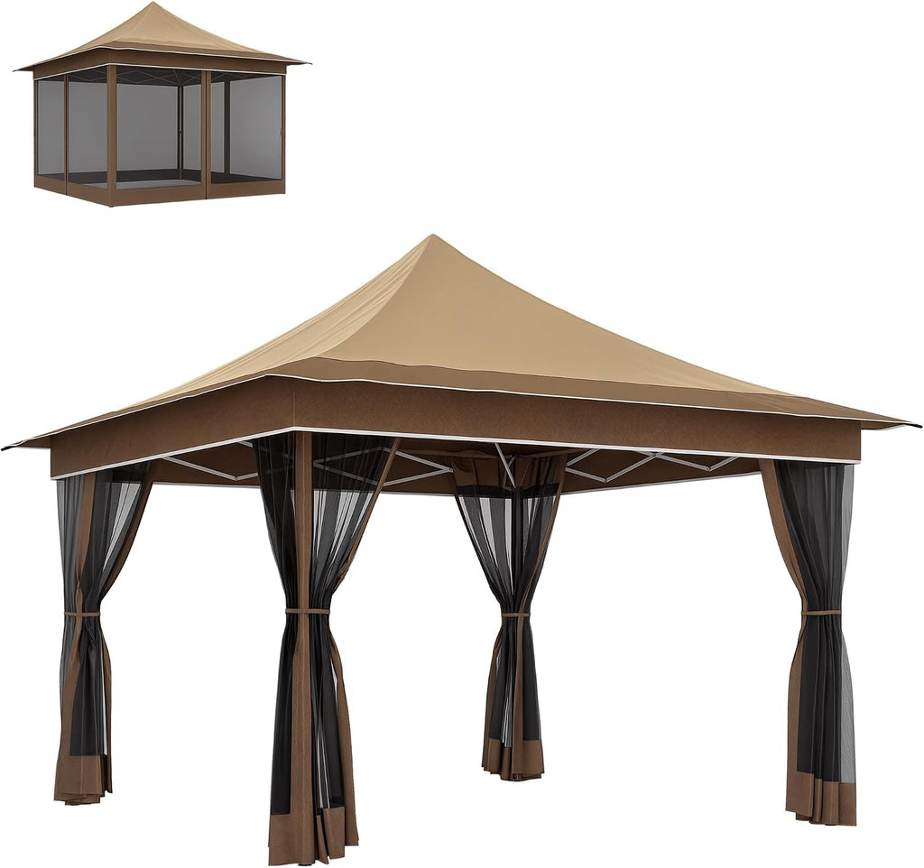 Outsunny 12 x 12 ft. Pop Up Canopy Tent with Mesh Netting, UPF50+ Instant Sun Shelter with Carry Bag, Height Adjustable Party Tent Instant Event Shelter for Garden, Patio, Beige