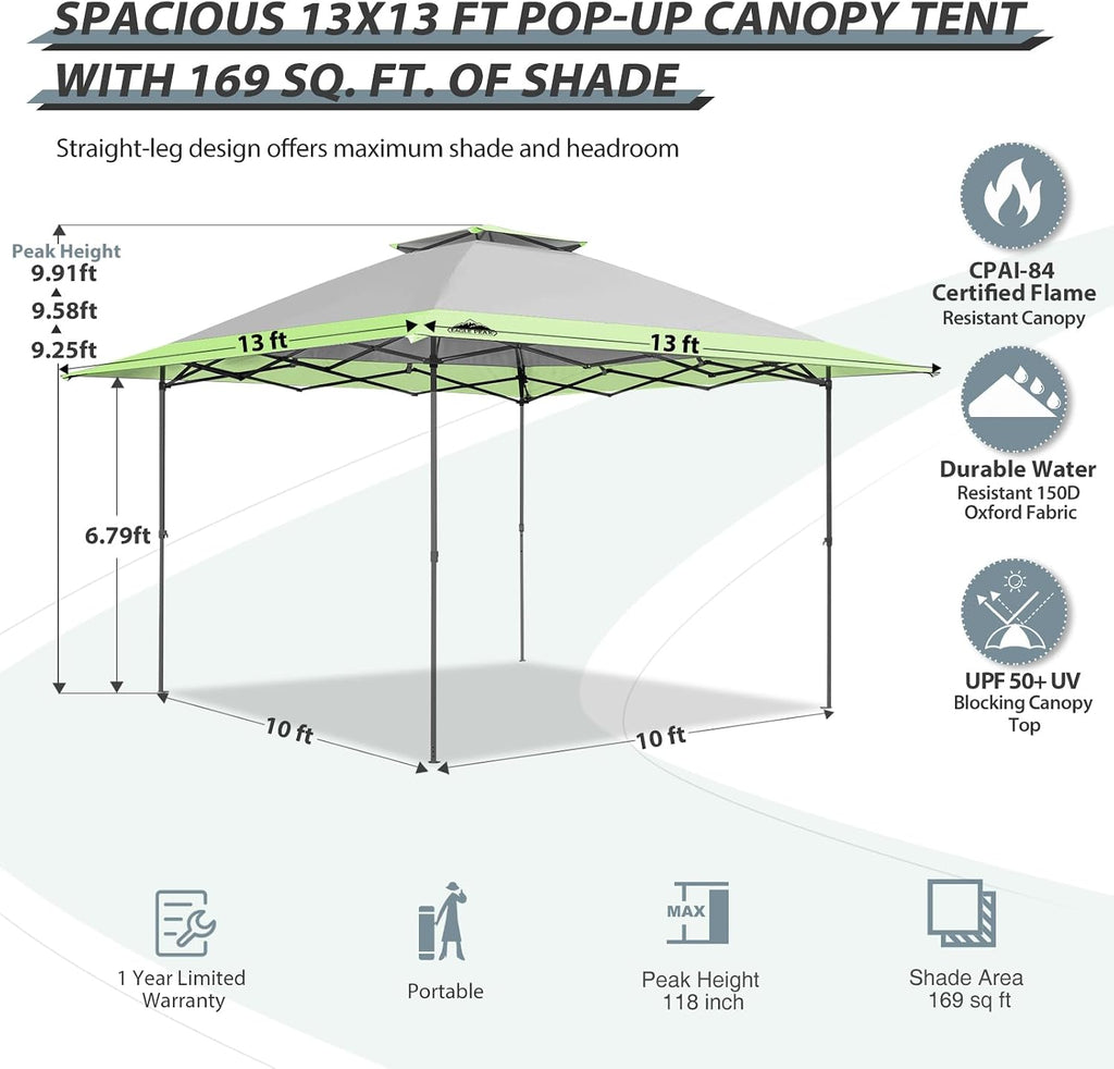 EAGLE PEAK 13x13 Straight Leg Pop Up Canopy Tent Instant Outdoor Canopy Easy Single Person Set up Folding Shelter w/Auto Extending Eaves 169 Square Feet of Shade (Gray)