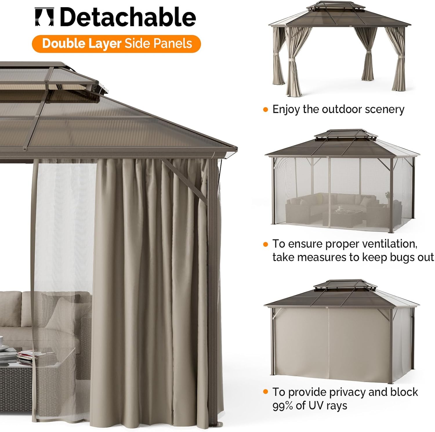 VINGLI 10' x 13' Outdoor Hardtop Gazebo Polycarbonate Double Roof Canopy Aluminum Frame Patio Pavilion Gazebo with Curtains and Netting Patio Gazebo