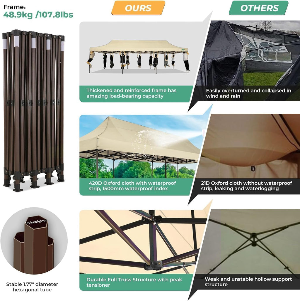 COBIZI 10x30 Heavy Duty Party Tent, Commercial 10x30 pop up Canopy for Parties Waterproof Gazebos with 8 Sidewalls, All Season Wind & Waterproof UPF50+,Stable Thickened Frame, Khaki