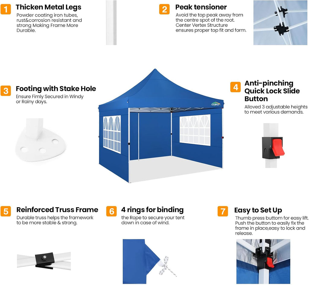COBIZI 10x10 Pop Up Canopy with 4 Sidewalls, Pop up Tent 10x10 for Parties, Backyard, Commercial, Waterproof and Portable Instant Shelter UV50+ Ez Outdoor Canopy Gazebo with 4 Sandbags
