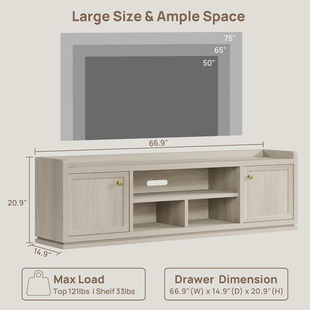 SICOTAS TV Stand Entertainment Center - 67' TV Console for Living Room Modern TV Stand for Bedroom, Media Console with Shelf and Cabinet, Entertainment Stand for TVs up to 65 75 Inch(Grey White Oak)