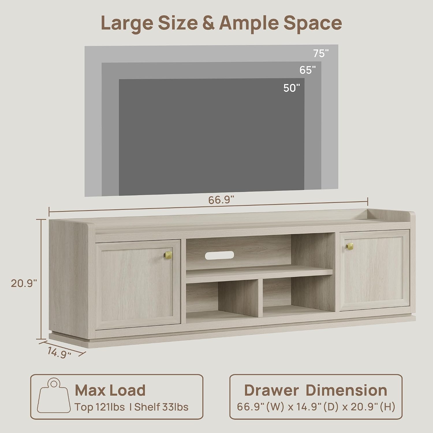 SICOTAS TV Stand Entertainment Center - 67' TV Console for Living Room Modern TV Stand for Bedroom, Media Console with Shelf and Cabinet, Entertainment Stand for TVs up to 65 75 Inch(Grey White Oak)