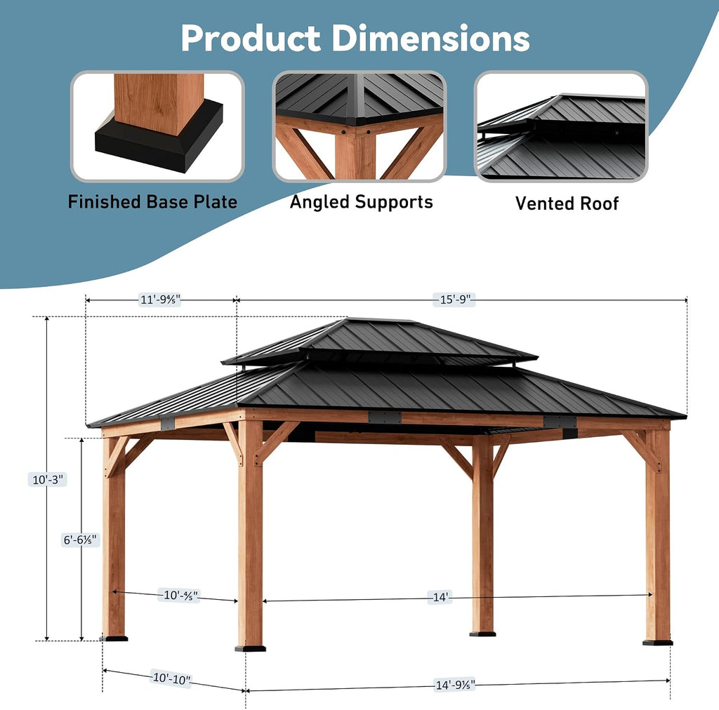 Big Leaf Wood Gazebo 12'x16', Cedar Frame Hardtop Gazebo with Double Galvanized Steel Roof & Grill Shelter, Sturdy Hook Design for Outdoor Patio, Deck, Garden and Backyard