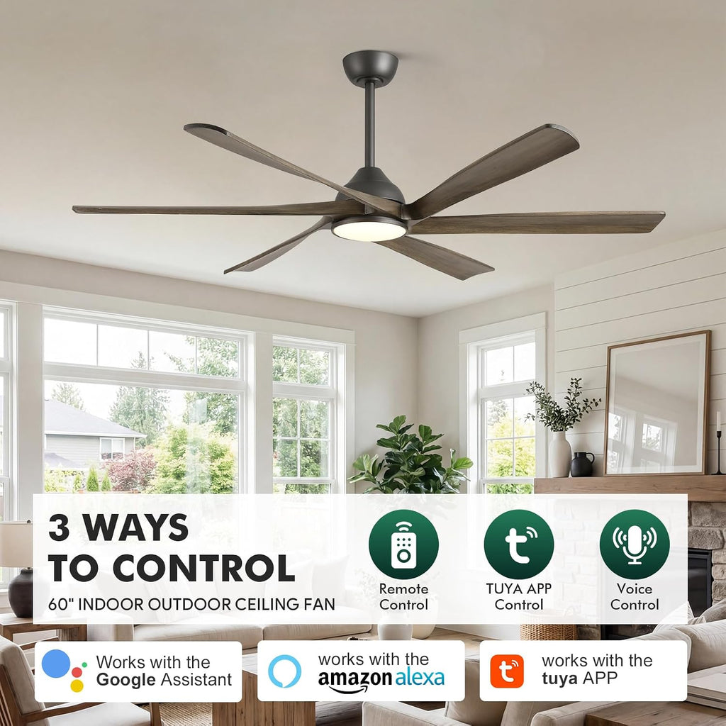 60 Inch Outdoor Ceiling Fan with Light and Remote, Rustic Farmhouse Smart Ceiling Fans with WiFi App/Alexa Voice Control, 6 Solid Wood Blades, Quiet Reversible DC Motor, Damp Rated for Covered Patio