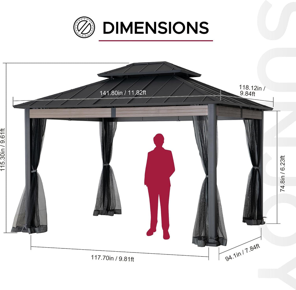 SUNJOY 10x12 Hardtop Gazebo with Heavy-Duty Galvanized Steel Double Roof, Mosquito Netting & Woodgrain Finish Beams, Permanent Pavilion Gazebo for Garden, Patio, Deck, Lawn