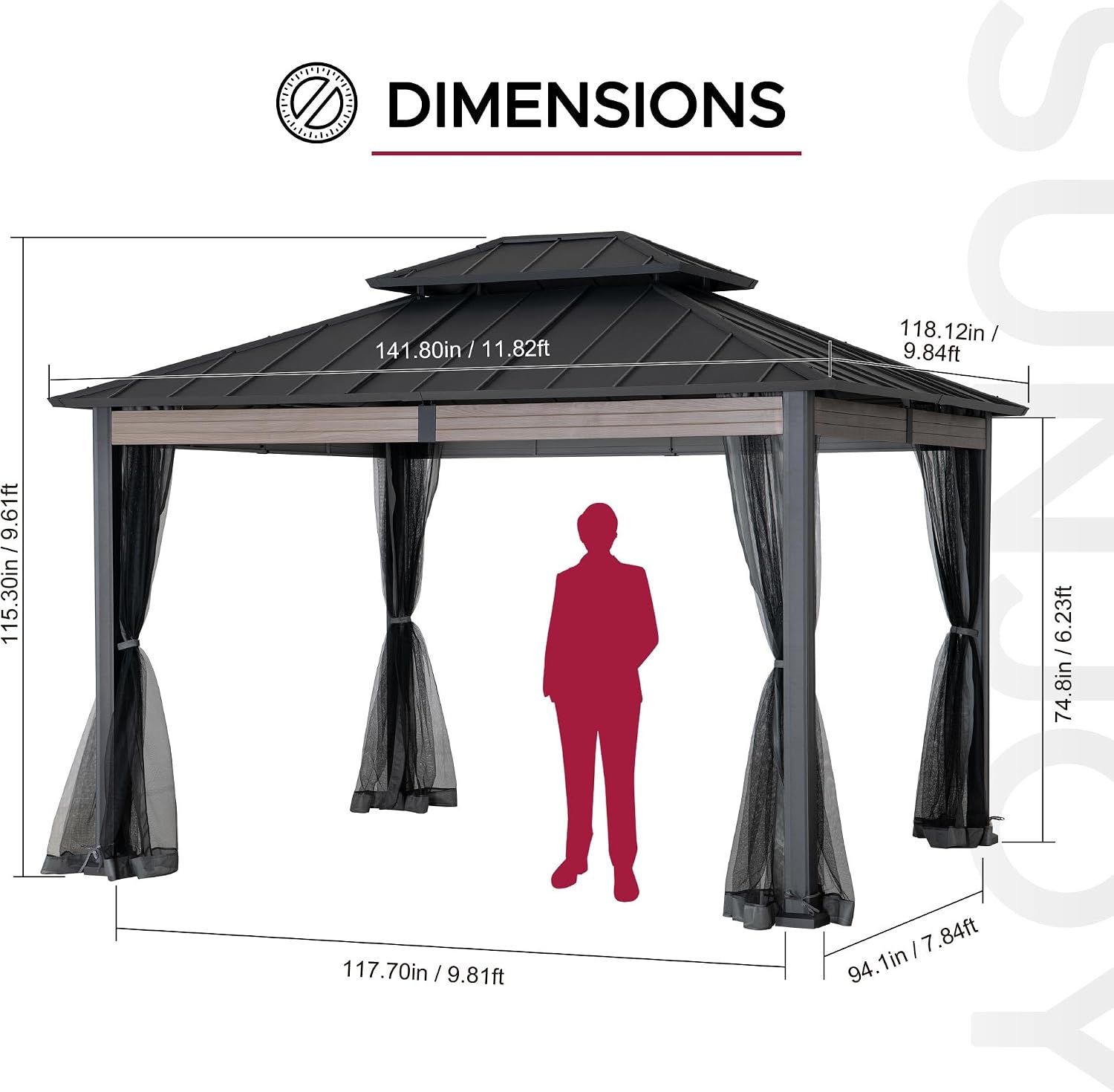 SUNJOY 10x12 Hardtop Gazebo with Heavy-Duty Galvanized Steel Double Roof, Mosquito Netting & Woodgrain Finish Beams, Permanent Pavilion Gazebo for Garden, Patio, Deck, Lawn