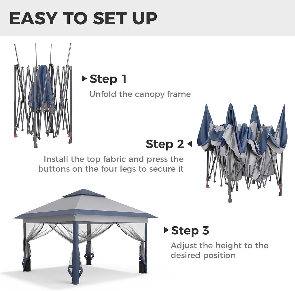 GDY 11x11FT Patio Gazebo with Mosquito Netting, Double Top with 4-Sangbags, Garden, Yard, Grassland, Grey and Navy Blue.