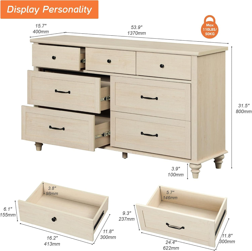 WAMPAT Wide Dresser TV Stand for 65 Inch TV, Light Wood TV Console Table Entertainment Stand with 7 Drawers, Beige Media Storage Cabinet for Living Room Bedroom, 54 Inch