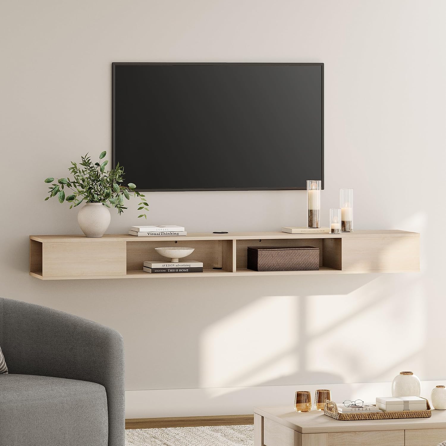 WAMPAT 70 inch Floating Entertainment Center for Storage, TV Shelf for Wall, Media Console for Living Room, Oak