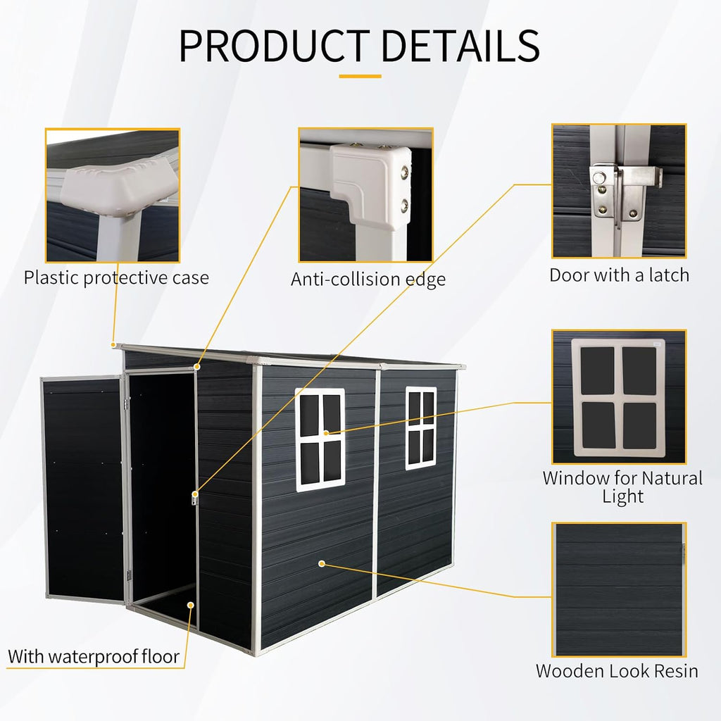 Resin Outdoor Storage Shed with Floor (8 x 4 Ft),All Weather Outdoor Tool House,Windows,Lockable Doors,Organization for Home/Backyard/Garden Tools/Lawn Mower/Bike Storage/Pool Supplies