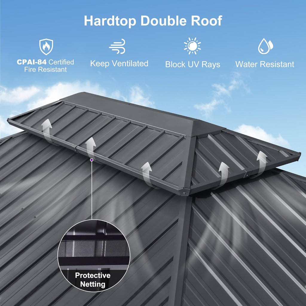 PURPLE LEAF 10'x14' Hardtop Gazebo with Lights Wind-Resistant Galvanized Steel Dual-Layer Double Roof Outdoor Patio Pavilion Including Netting and Privacy Curtains for Lawn Garden Backyard Grey