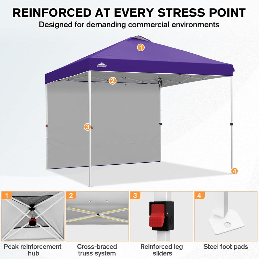 EAGLE PEAK Commercial Canopy 10x10 Pop Up Canopy Tent with 1 Sidewall, Easy Setup Heavy Duty Instant Event Shelter for Vendors & Markets, Outdoor Sun Shade, Purple