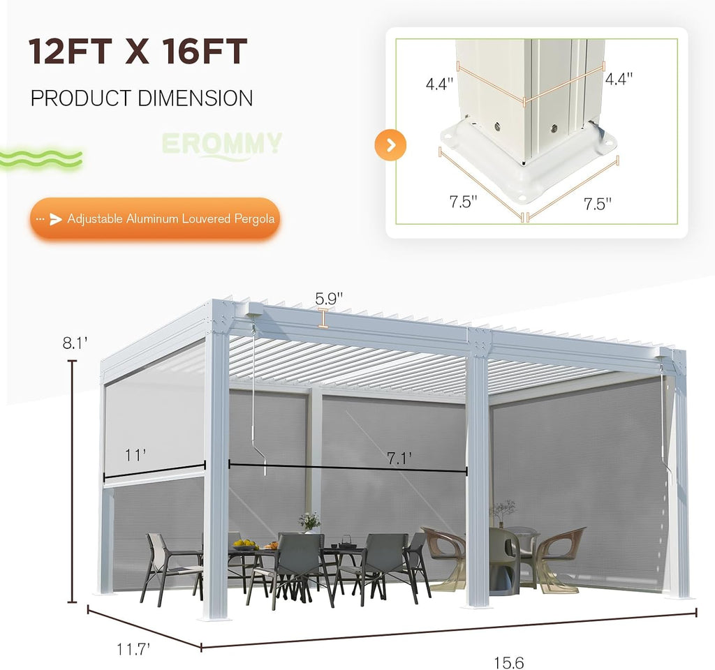 EROMMY 12x16 Louvered Pergola with Side Pull-Down Screen, Outdoor Aluminum Pergola with Thickened Frame and Adjustable Metal Rainproof Roof for Deck Patio Garden Yard, White