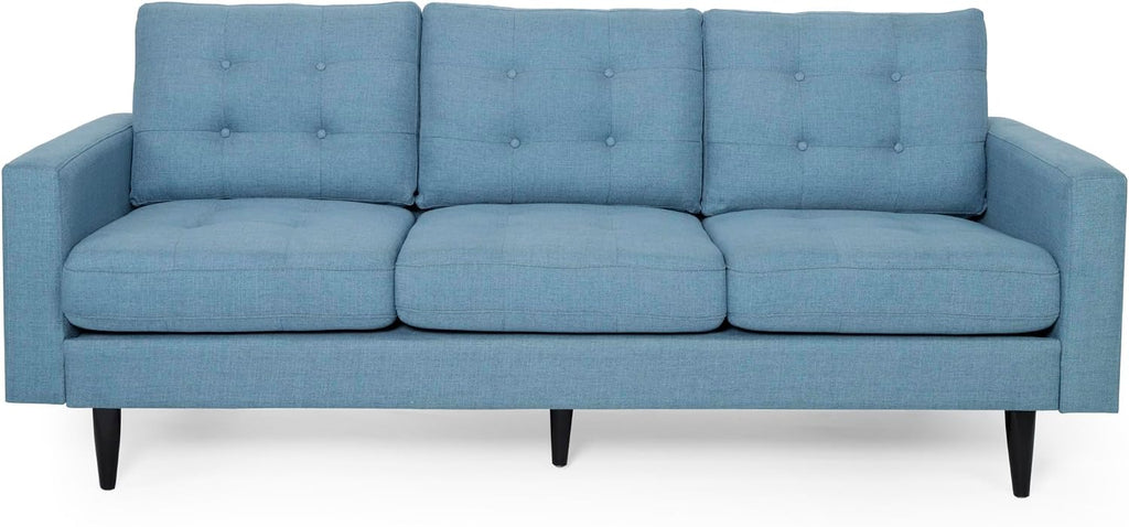 Christopher Knight Home Jenby Modern 3-Seater Sofa, Tufted Waffle Stitch Fabric Couch with Rubberwood Tapered Legs, Modern Living Room Sofa Couch for Family & Guests, Blue