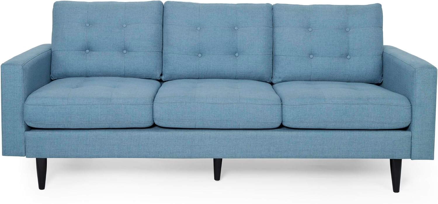 Christopher Knight Home Jenby Modern 3-Seater Sofa, Tufted Waffle Stitch Fabric Couch with Rubberwood Tapered Legs, Modern Living Room Sofa Couch for Family & Guests, Blue