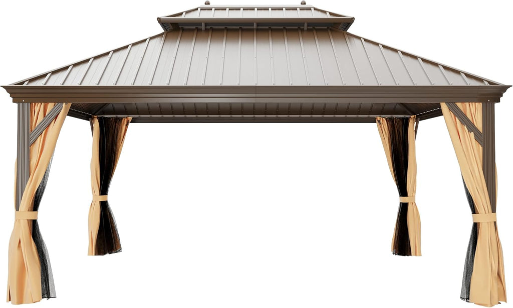 12'x16' Hardtop Gazebo Outdoor Aluminum Patio Double Roof Galvanized Steel Canopy with Netting and Curtains for Garden, Backyard, Deck and Lawns.