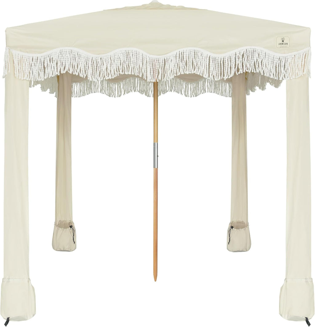 AMMSUN Beach Cabana with Fringe, 7' x 7' Boho Beach Canopy with Tassels, Easy Set up & Premium Wood Pole, Cabana Tent with Sand Pockets, Instant Sun Shade for Sand, Garden, Patio, Beige