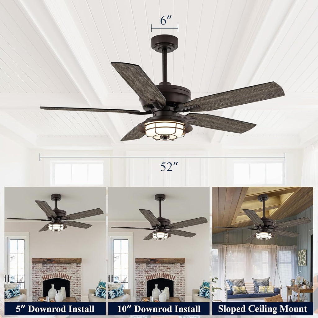 NORFOLK 52' Outdoor Ceiling Fans with Lights for Patios, Waterproof Ceiling Fan and Remote, Wet Rated and 3 Color LED Lighting, Farmhouse for Outside Gazebo Backyard Canopy, Grey Blades