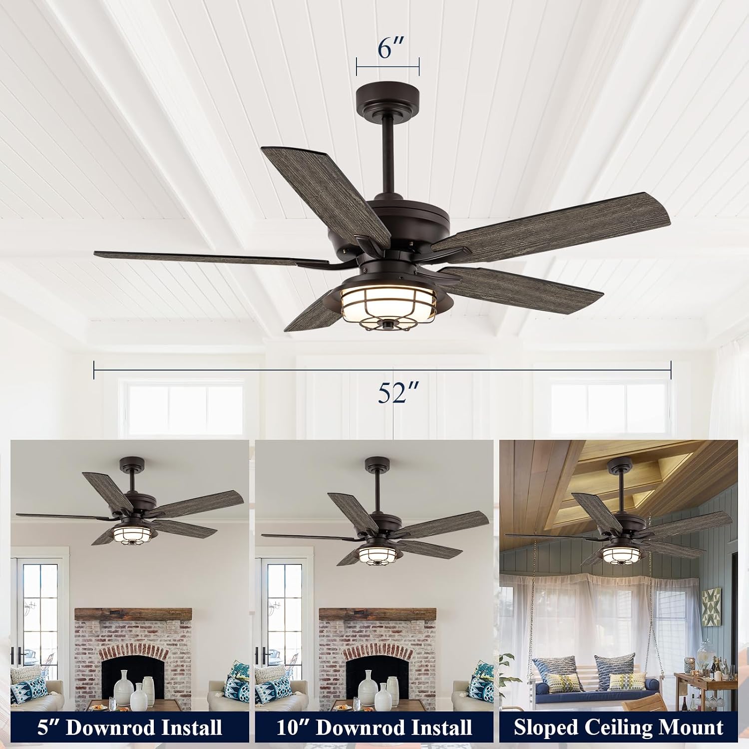 NORFOLK 52' Outdoor Ceiling Fans with Lights for Patios, Waterproof Ceiling Fan and Remote, Wet Rated and 3 Color LED Lighting, Farmhouse for Outside Gazebo Backyard Canopy, Grey Blades