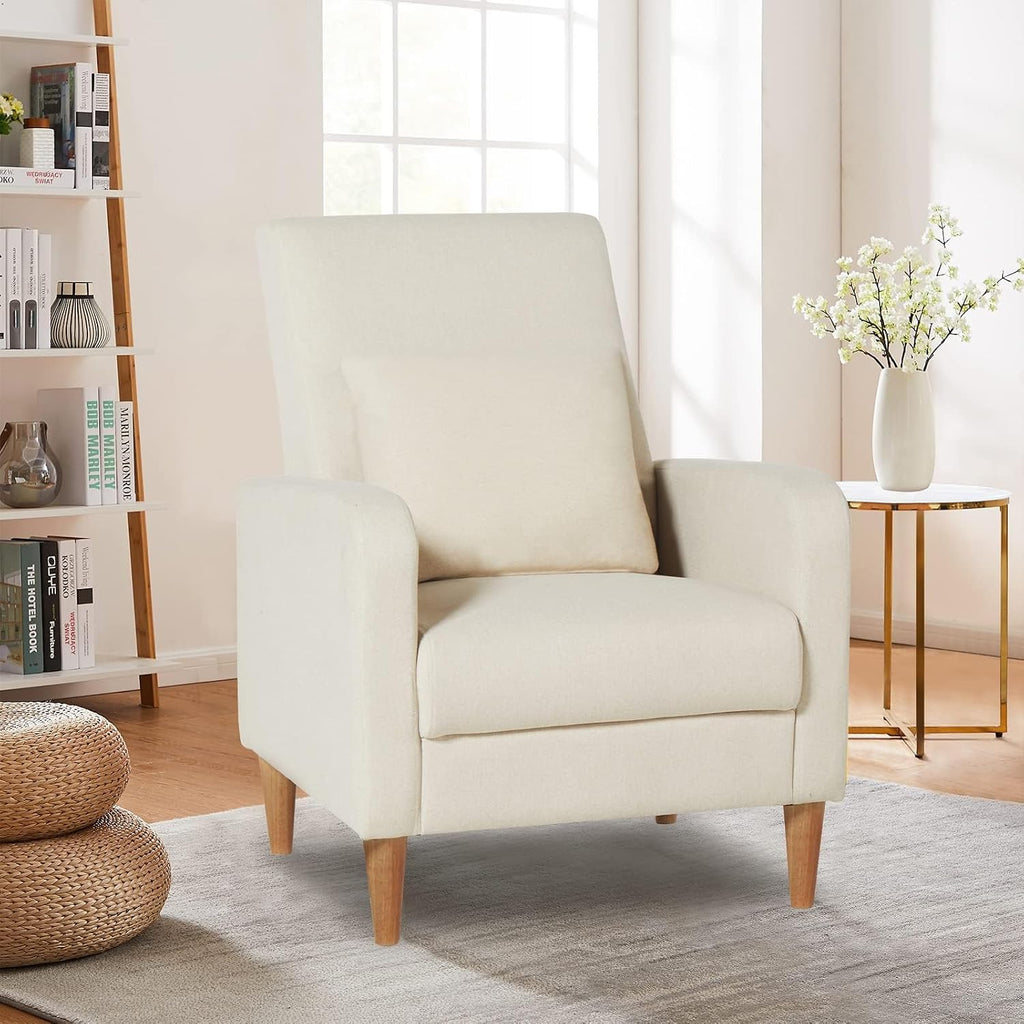 COLAMY Mid-Century Modern Upholstered Accent Chair with Back Pillow & Solid Wood Legs, Fabric Cozy Armchair for Living Room, Bedroom, Reading Nook, Apartment & Small Spaces, Beige