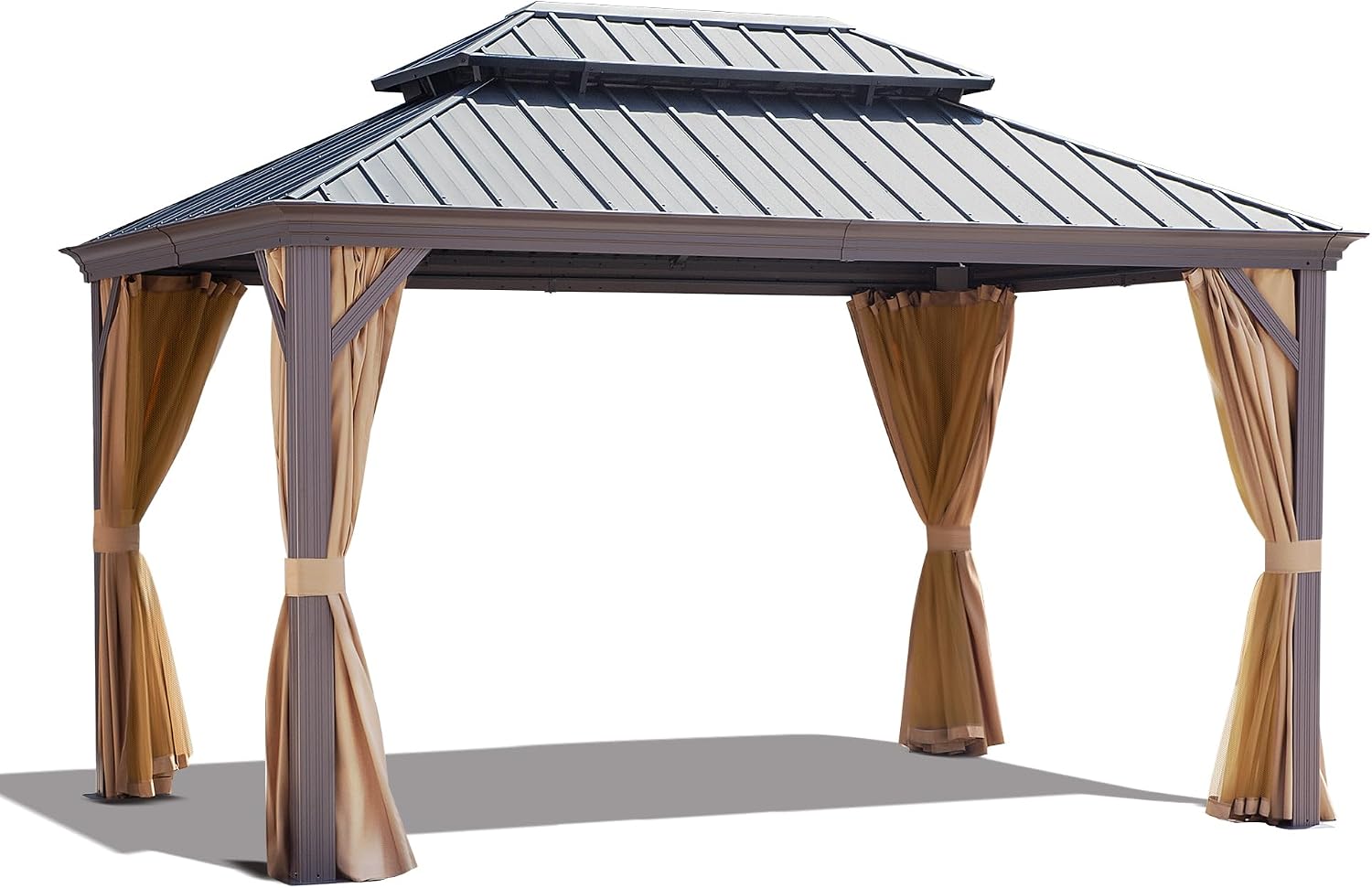 Joyside 10' X 14' Double-Tier Hardtop Gazebo, Aluminum Metal Gazebo with Reinforced Galvanized Steel Roof Curtain and Netting, Permanent Gazebo Pavilion for Patio, Backyard, Deck, Lawn