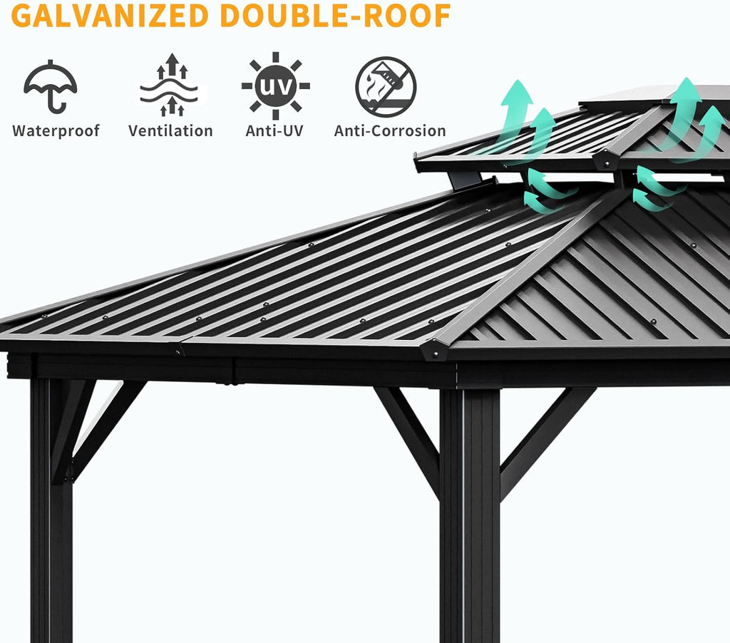HOTEEL 10x12 Hardtop Gazebo on Clearance with Heavy Duty Galvanized Steel Double Metal roof,Aluminum Frame,Patio Gazebo with Curtains and Netting,Outdoor Permanent Pavillon for Backyard,Black