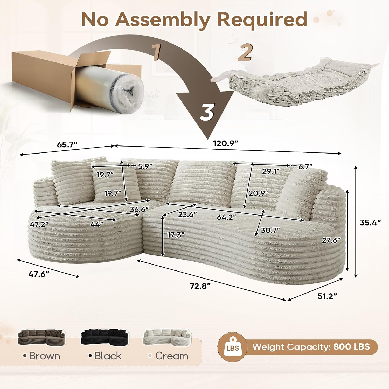 120'W Oversized Modern Curved Cloud Couch,Corduroy Modular Sectional Sofa with Chaise, L Shaped Boneless Couch, Compression Foam Sofa for Living Room Bedroom, No Assembly Required(Left Facing, Cream)