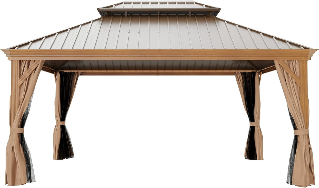 12'x16' Hardtop Gazebo, Outdoor Aluminum Patio Gazebo Double Roof Galvanized Steel Canopy Wooden Finish Coated with Netting and Curtains for Garden, Backyard, Deck and Lawns.